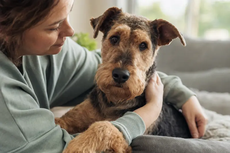 Ein Airedale Terrier mit aufmerksamem Blick in natürlichem Licht.